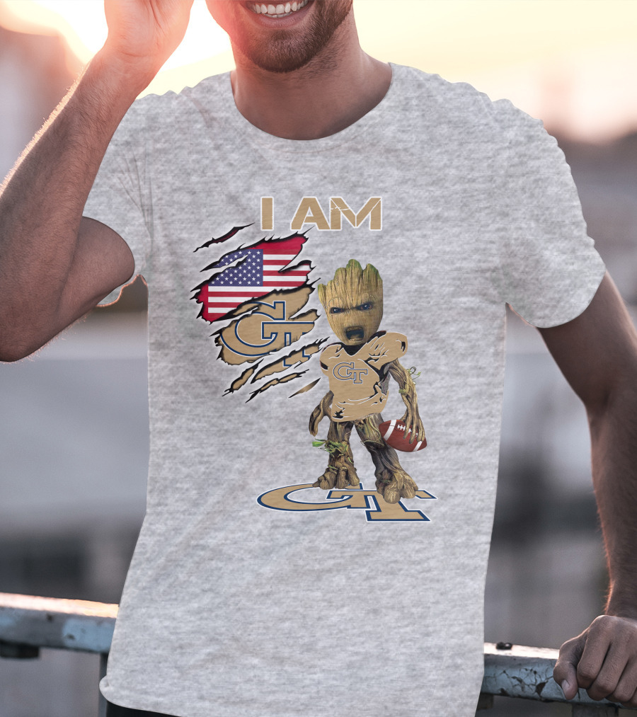 I Am Georgia Tech GT Baby Groot American Flag Football T-Shirt