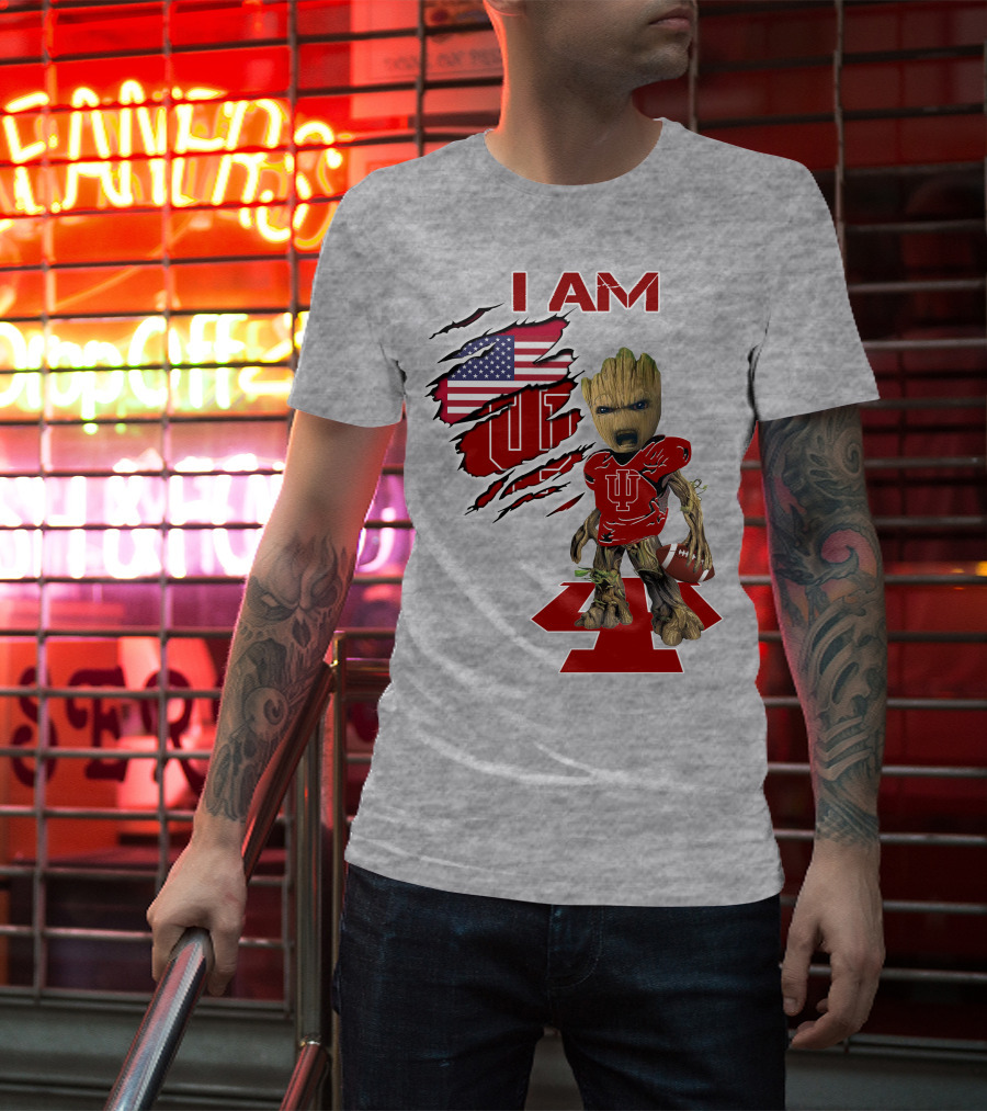 I Am Iu Hoosiers Baby Groot American Flag Football T-Shirt