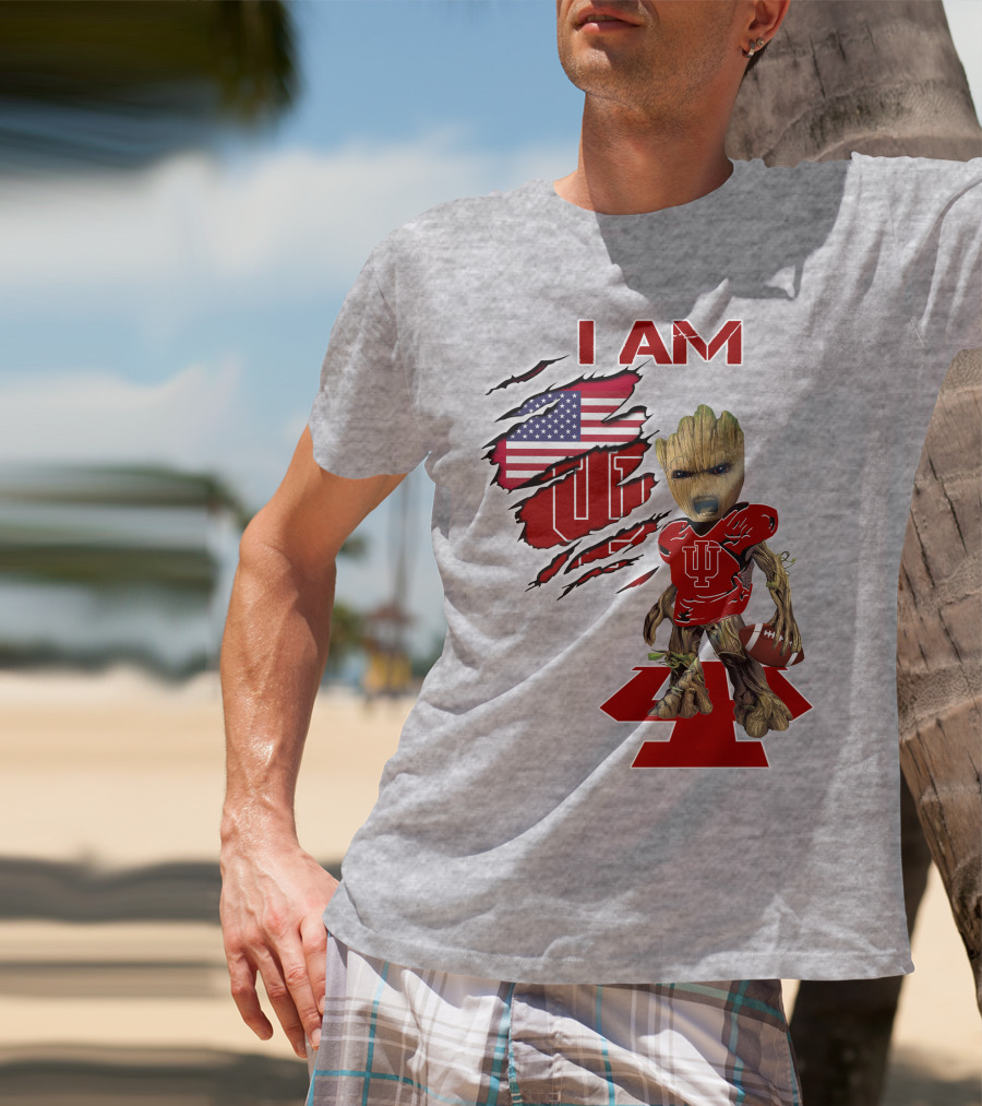 I Am Iu Hoosiers Baby Groot American Flag Football T-Shirt