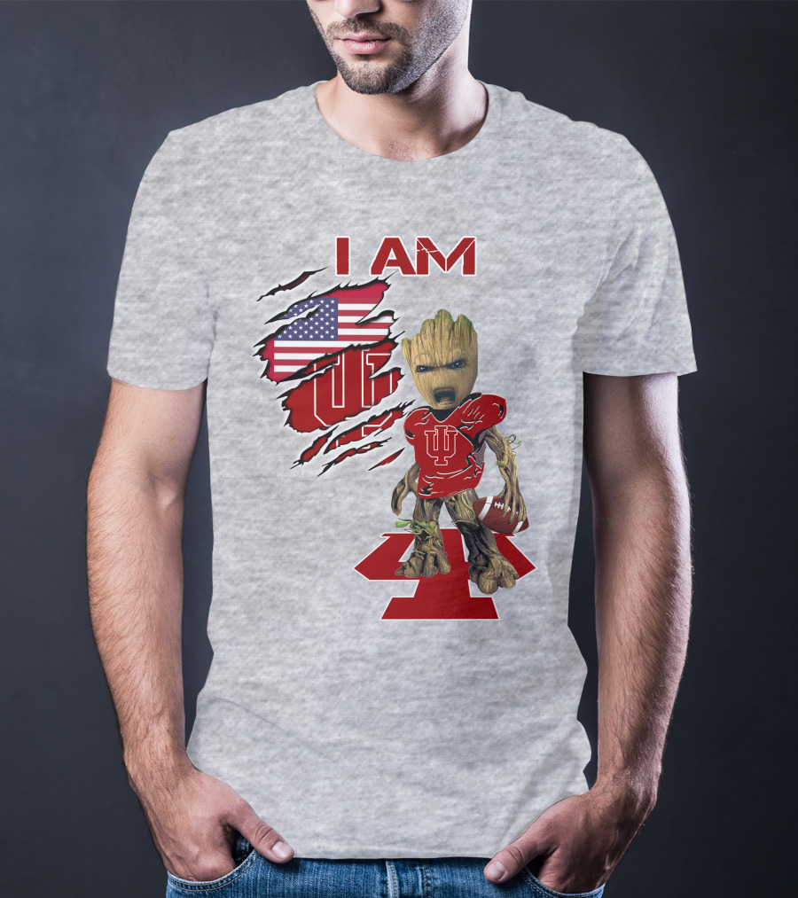 I Am Iu Hoosiers Baby Groot American Flag Football T-Shirt