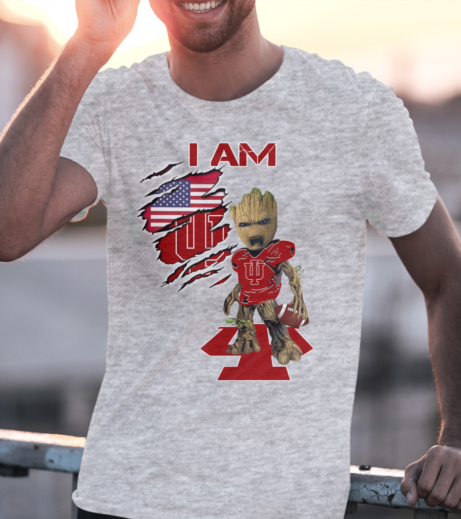 I Am Iu Hoosiers Baby Groot American Flag Football T-Shirt