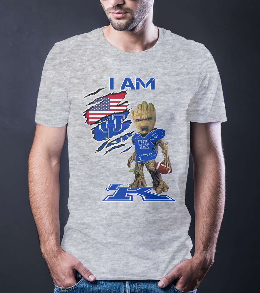 I AM Kentucky Baby Groot Football UK Logo American Flag T-Shirt