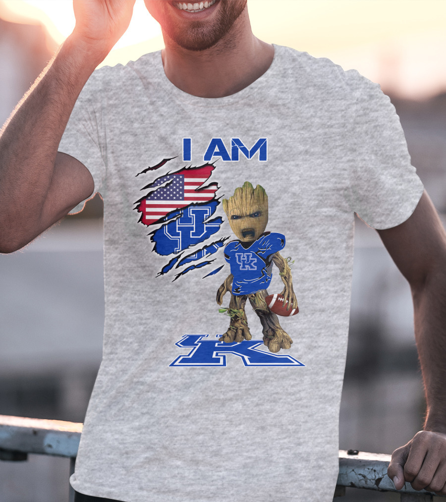I AM Kentucky Baby Groot Football UK Logo American Flag T-Shirt