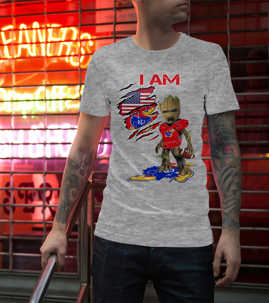 I AM KU Baby Groot Kansas Jayhawks Football Patriotic American Flag T-Shirt