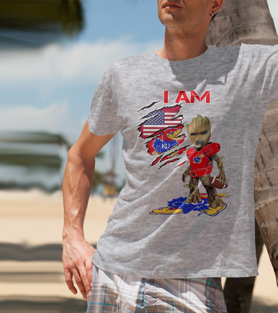 I AM KU Baby Groot Kansas Jayhawks Football Patriotic American Flag T-Shirt
