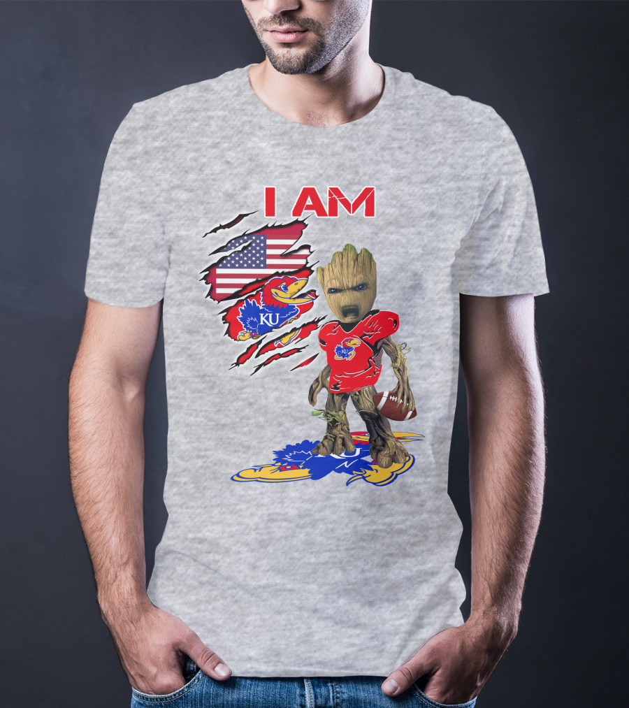 I AM KU Baby Groot Kansas Jayhawks Football Patriotic American Flag T-Shirt