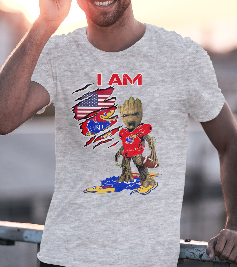 I AM KU Baby Groot Kansas Jayhawks Football Patriotic American Flag T-Shirt