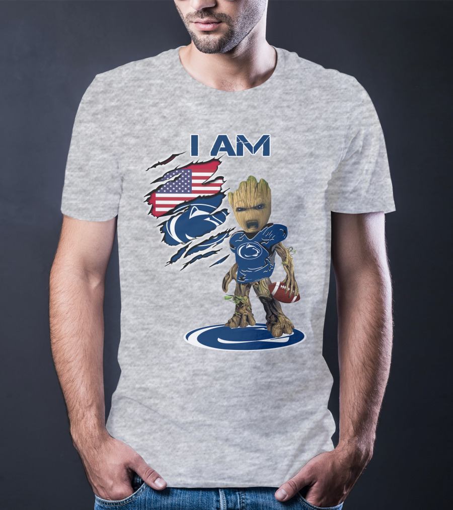 I Am Penn State Baby Groot American Flag Football T-Shirt