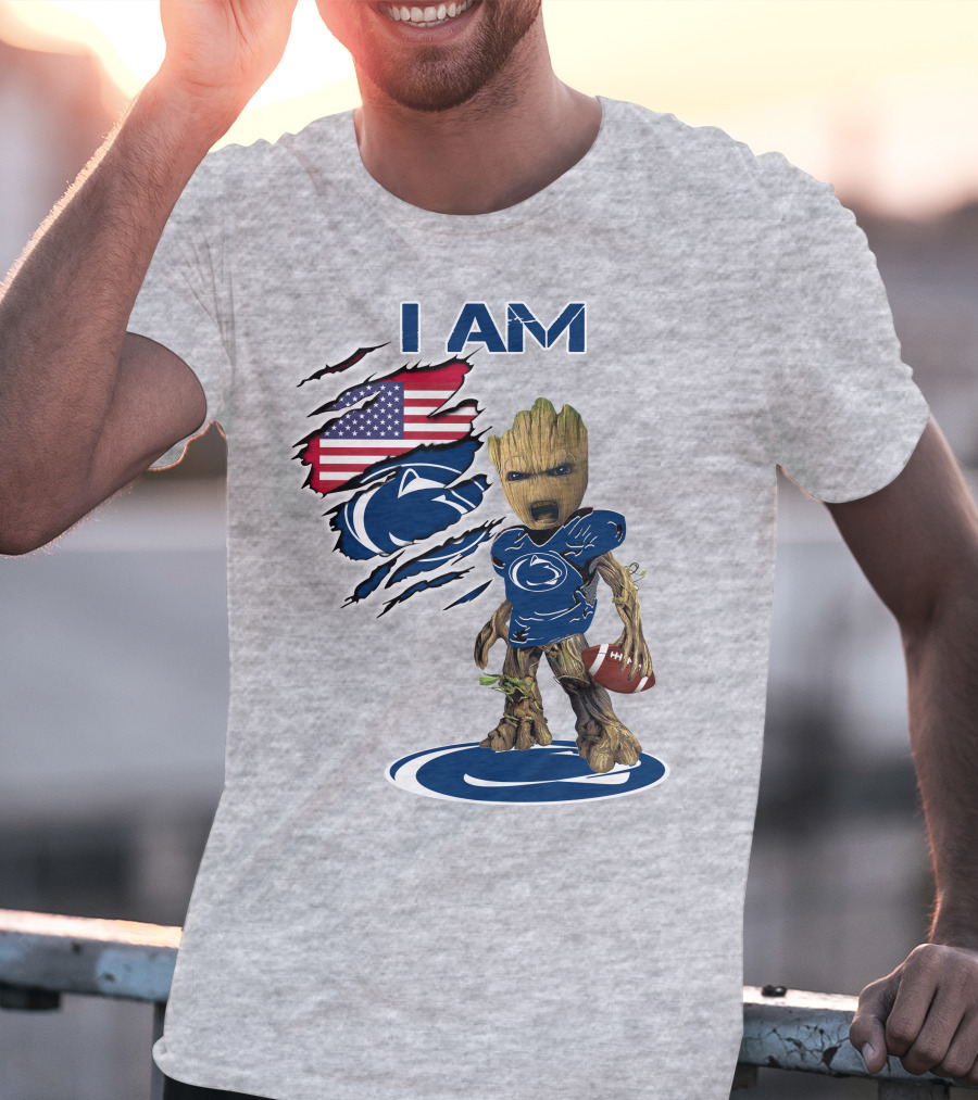 I Am Penn State Baby Groot American Flag Football T-Shirt