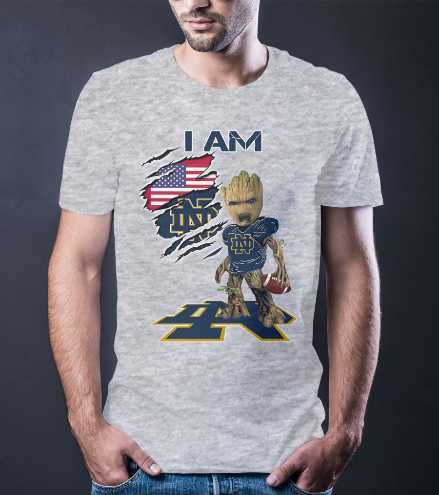 I Am Notre Dame Baby Groot American Flag Football T-Shirt