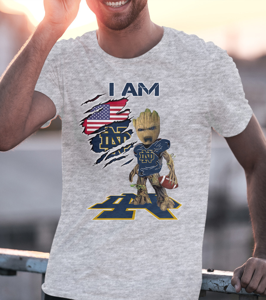 I Am Notre Dame Baby Groot American Flag Football T-Shirt