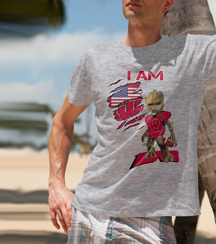 I Am Wisconsin Baby Groot Football W Logo American Flag T-Shirt