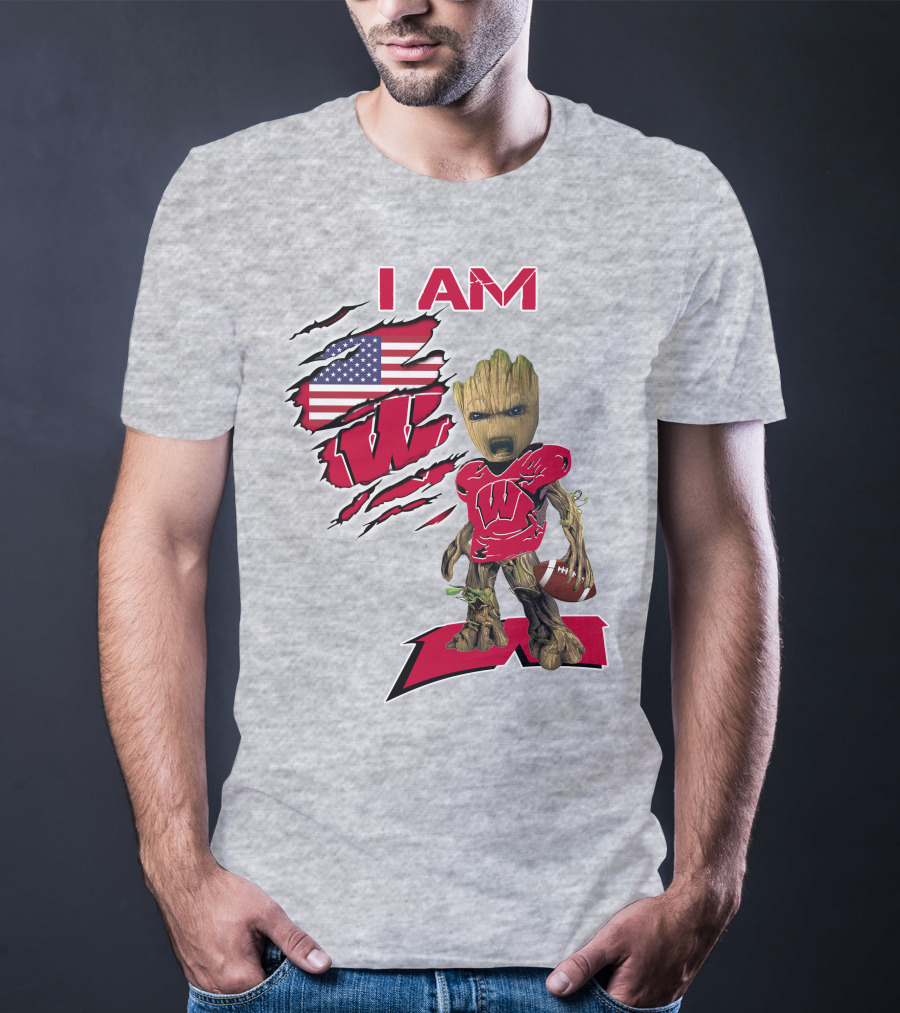 I Am Wisconsin Baby Groot Football W Logo American Flag T-Shirt