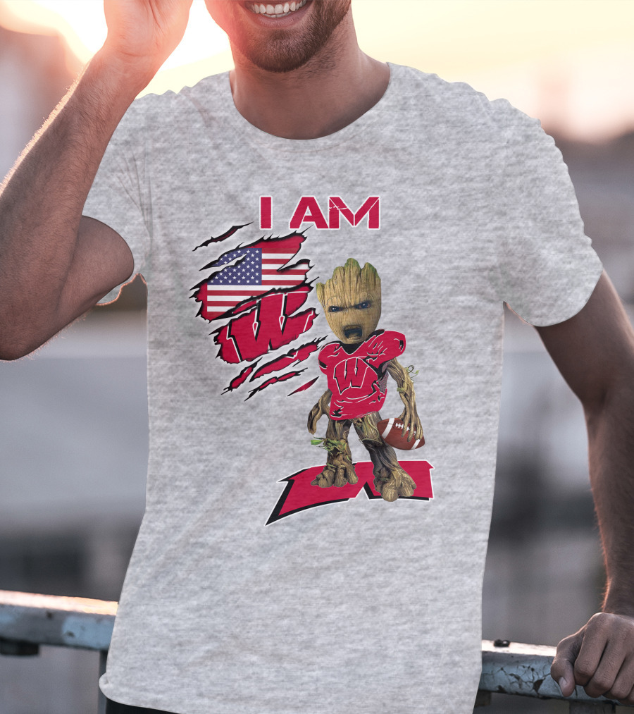I Am Wisconsin Baby Groot Football W Logo American Flag T-Shirt