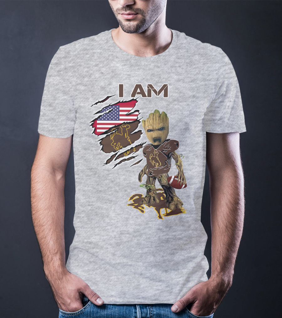 I AM Wyoming Baby Groot Football American Flag Cowboy T-Shirt