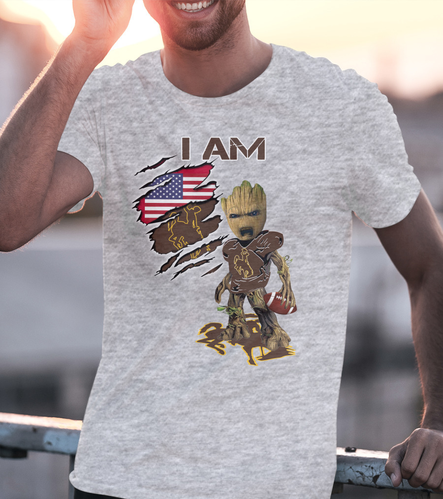 I AM Wyoming Baby Groot Football American Flag Cowboy T-Shirt
