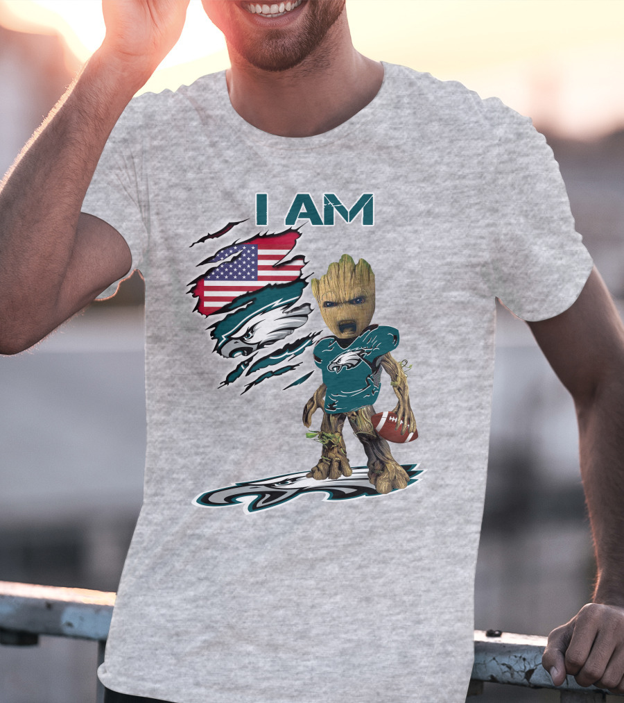 I Am Eagles Baby Groot Football American Flag T-Shirt