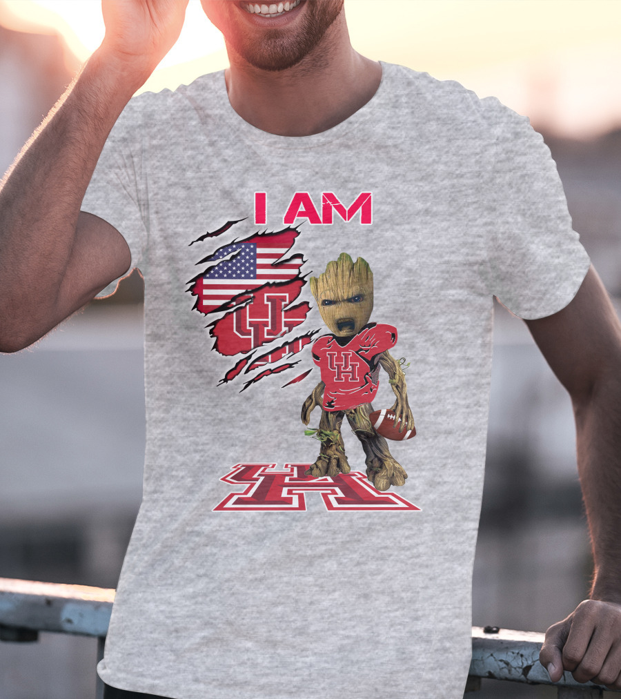 I AM Houtons Baby Groot UH Football American Flag Background T-Shirt