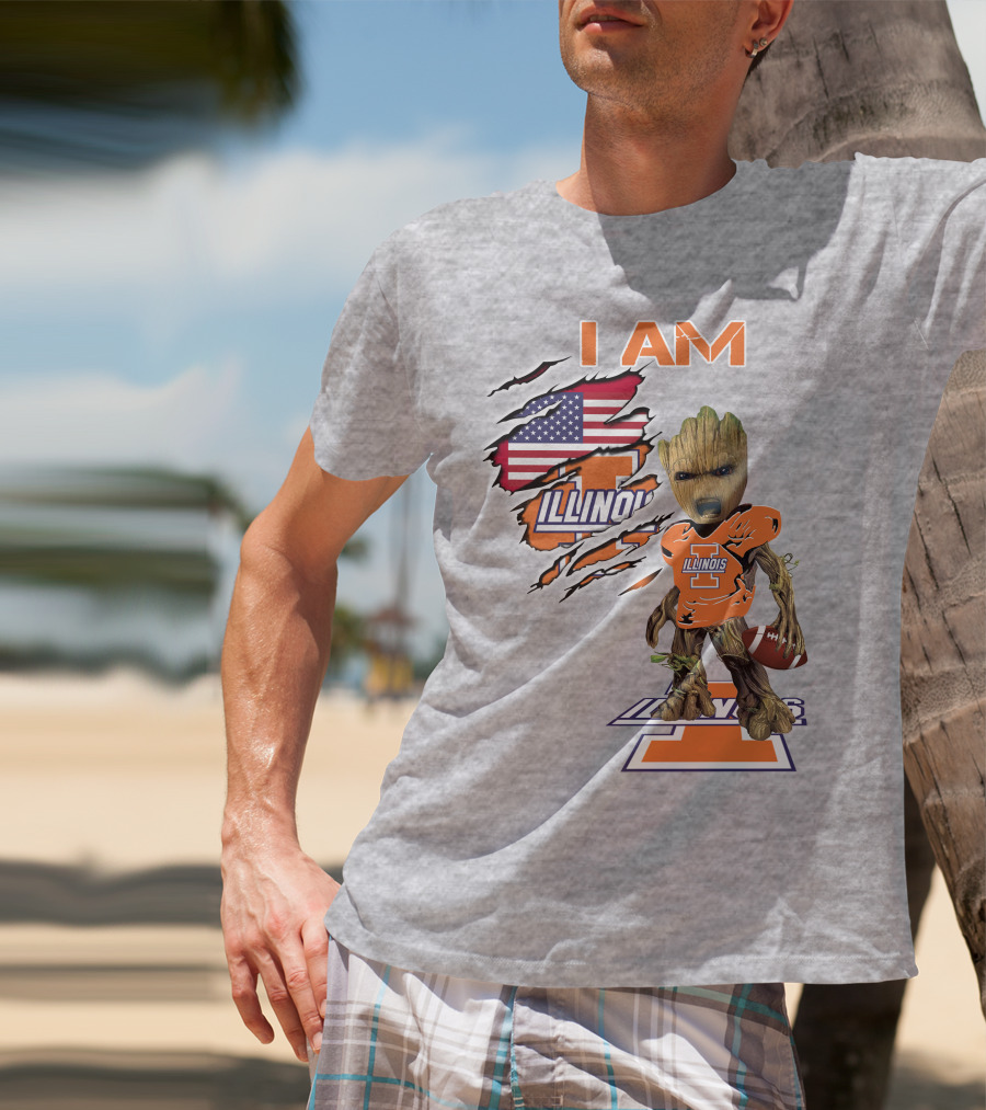 I AM Illinois Baby Groot Football American Flag T-Shirt