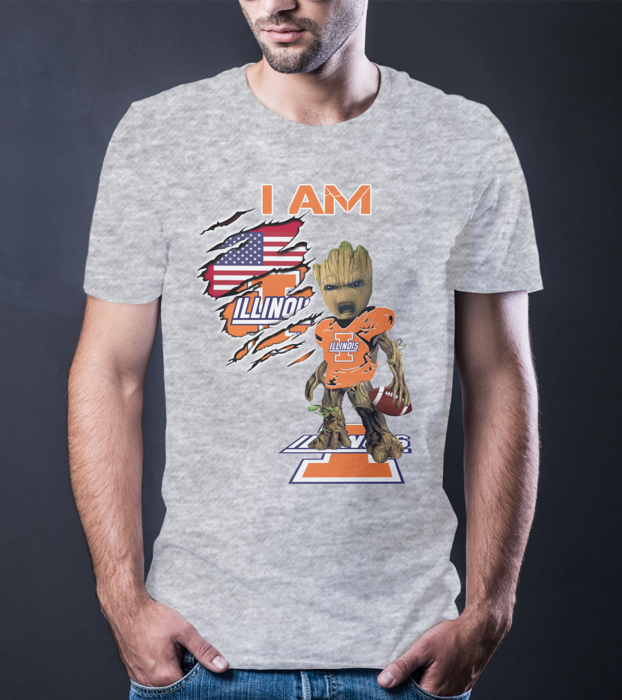 I AM Illinois Baby Groot Football American Flag T-Shirt