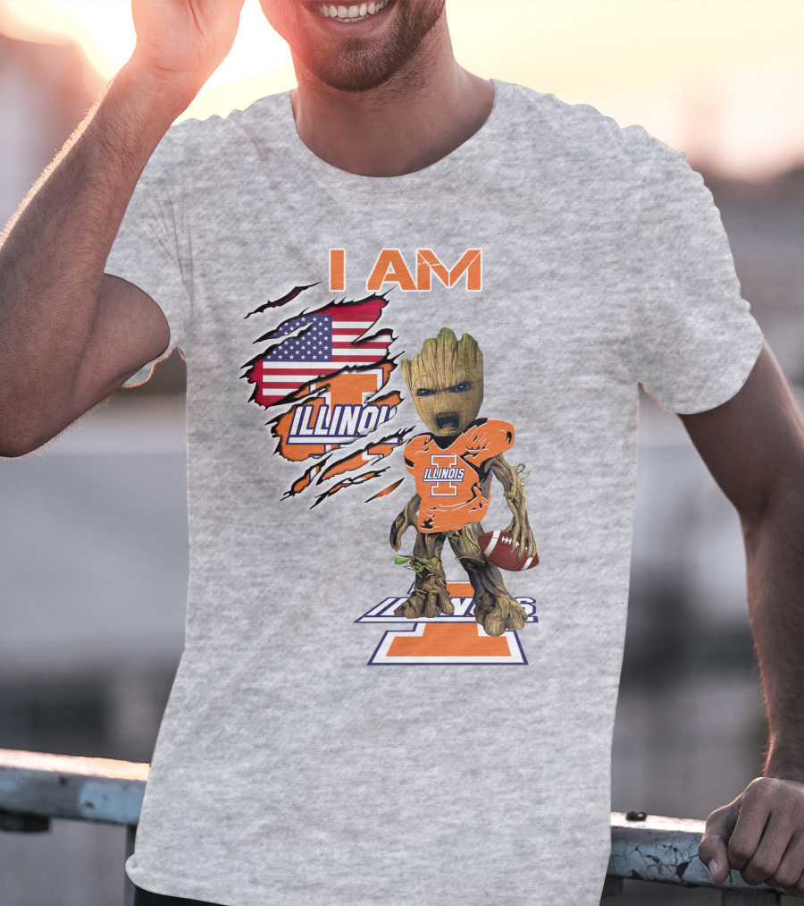 I AM Illinois Baby Groot Football American Flag T-Shirt
