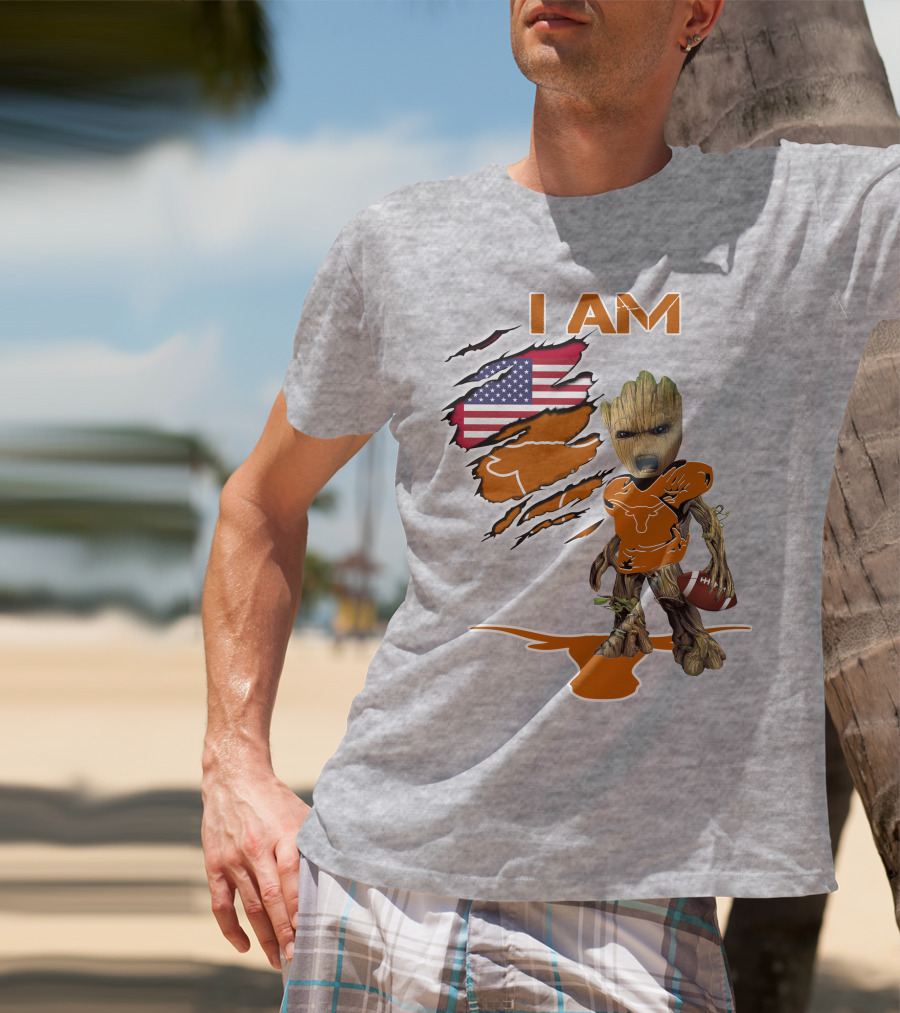 I AM Longhorn Baby Groot Football USA Flag T-Shirt