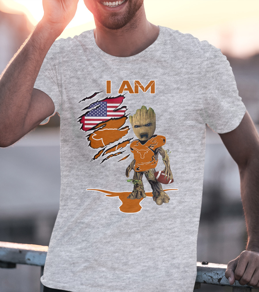 I AM Longhorn Baby Groot Football USA Flag T-Shirt