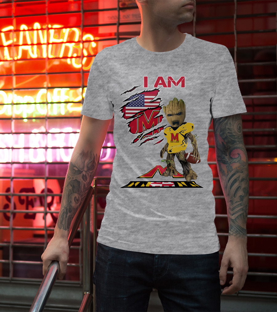 I AM Baby Groot Maryland Football American Flag M T-Shirt