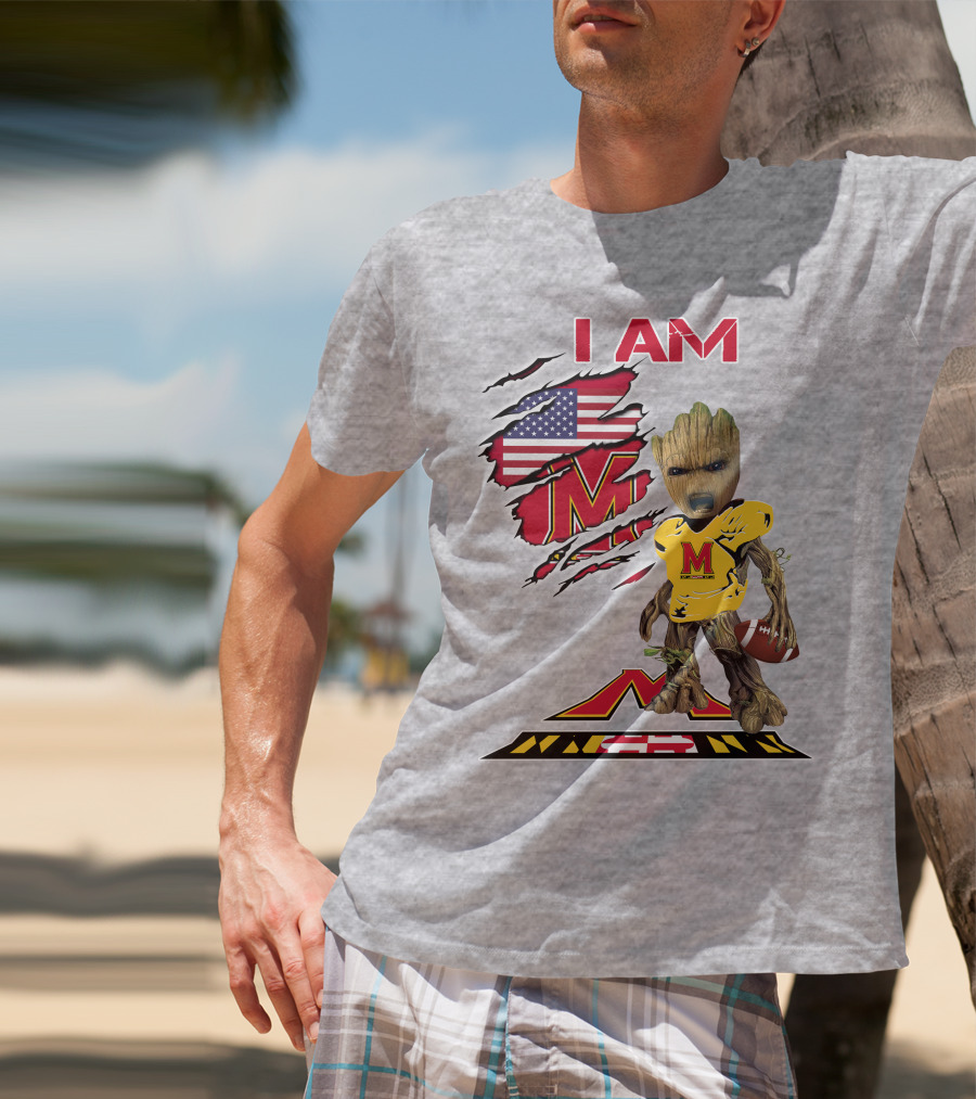 I AM Baby Groot Maryland Football American Flag M T-Shirt