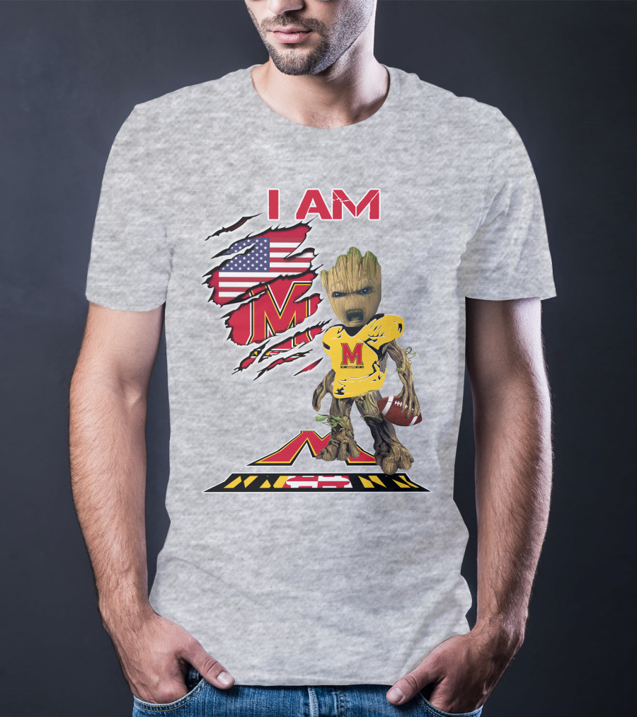 I AM Baby Groot Maryland Football American Flag M T-Shirt