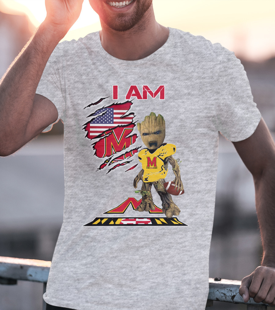 I AM Baby Groot Maryland Football American Flag M T-Shirt