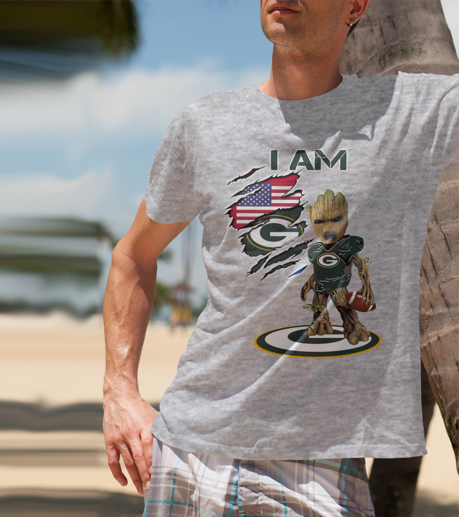 I Am Packers Baby Groot American Flag Football T-Shirt