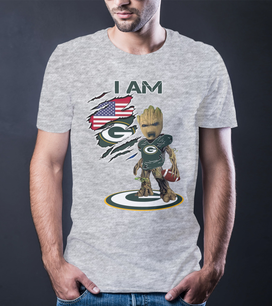 I Am Packers Baby Groot American Flag Football T-Shirt