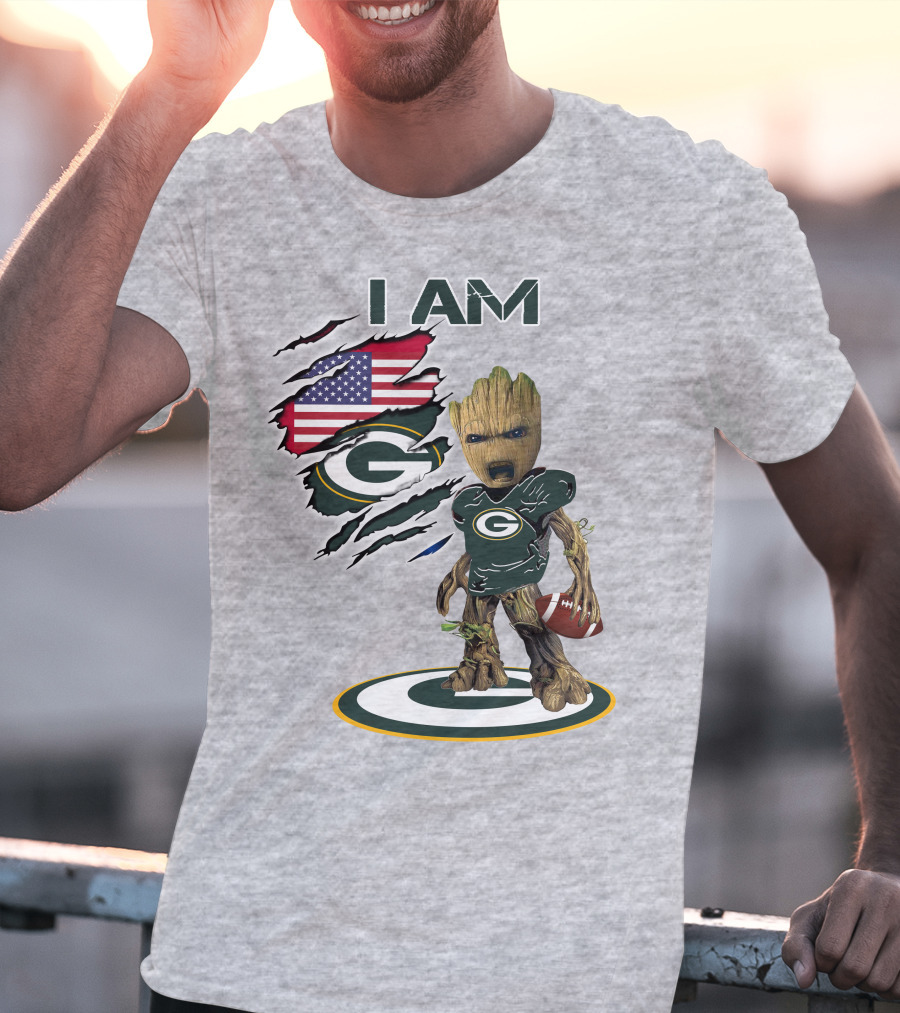 I Am Packers Baby Groot American Flag Football T-Shirt