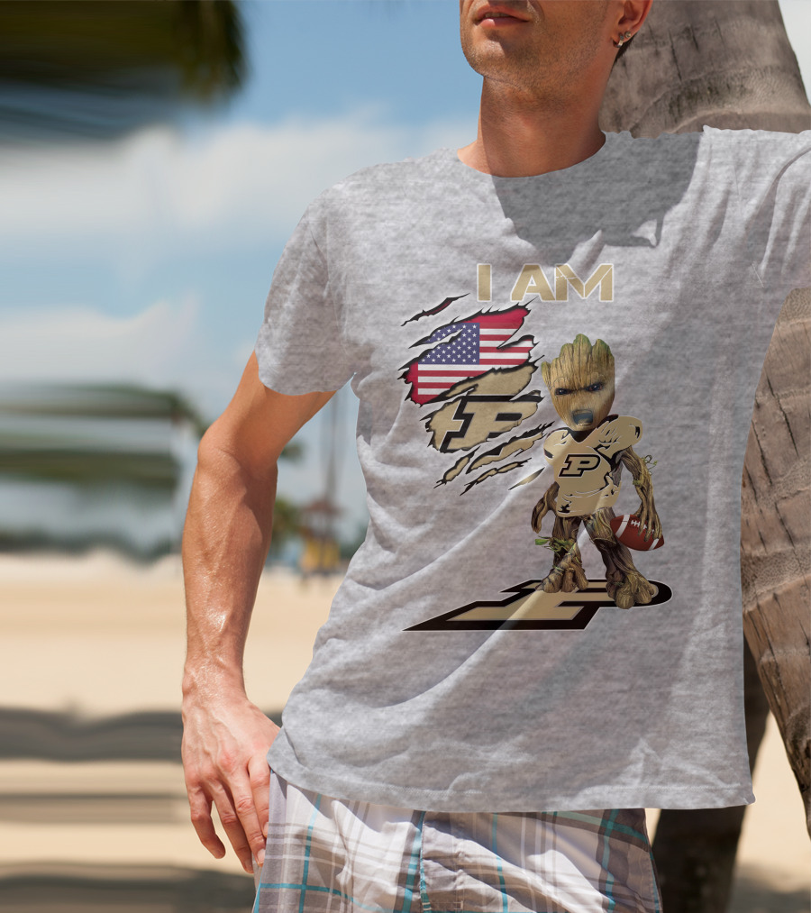 I AM Purdue Baby Groot Football American Flag P T-Shirt