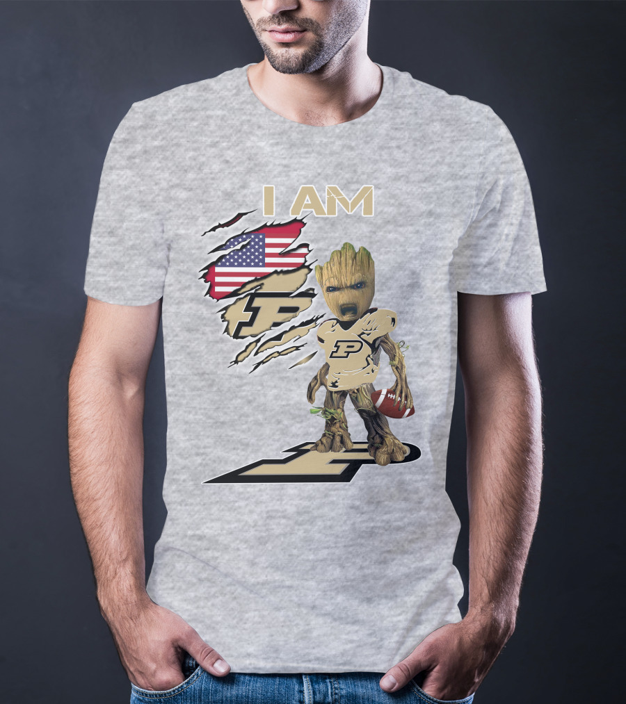I AM Purdue Baby Groot Football American Flag P T-Shirt