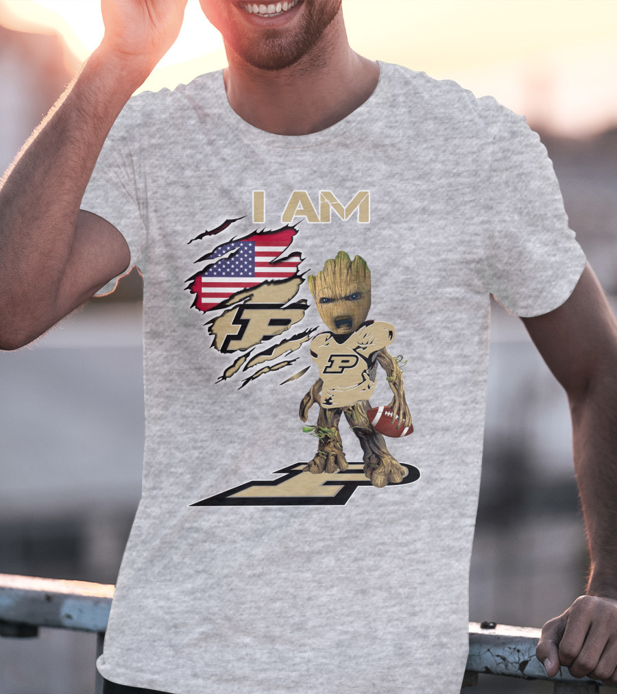 I AM Purdue Baby Groot Football American Flag P T-Shirt