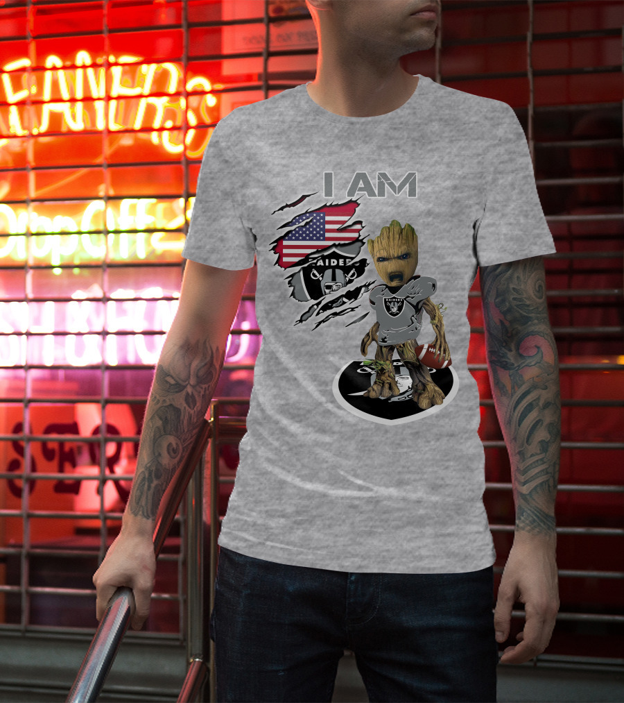 I Am Raiders Baby Groot American Flag Football T-Shirt