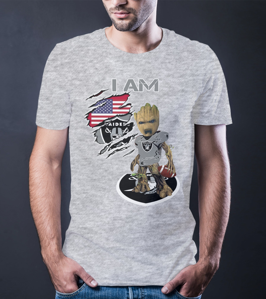 I Am Raiders Baby Groot American Flag Football T-Shirt