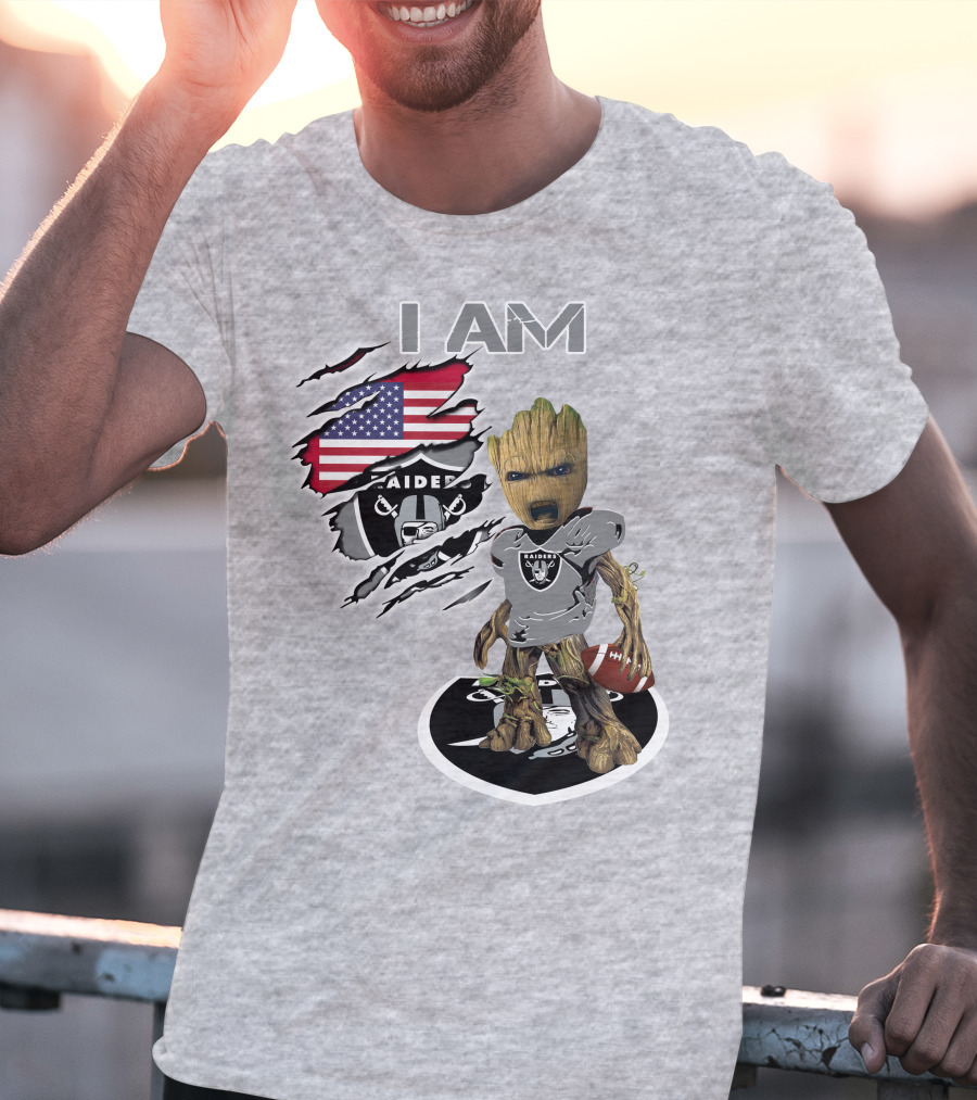 I Am Raiders Baby Groot American Flag Football T-Shirt