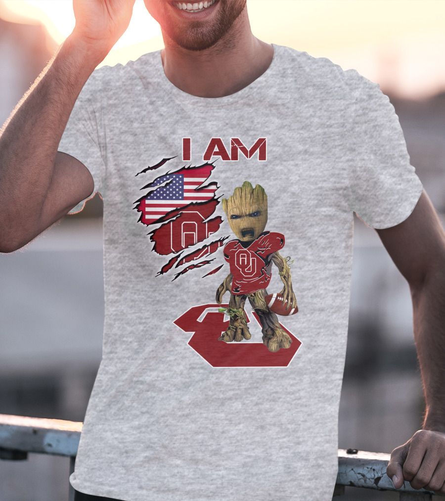 I Am Baby Groot OU Sooners Football USA Flag T-Shirt
