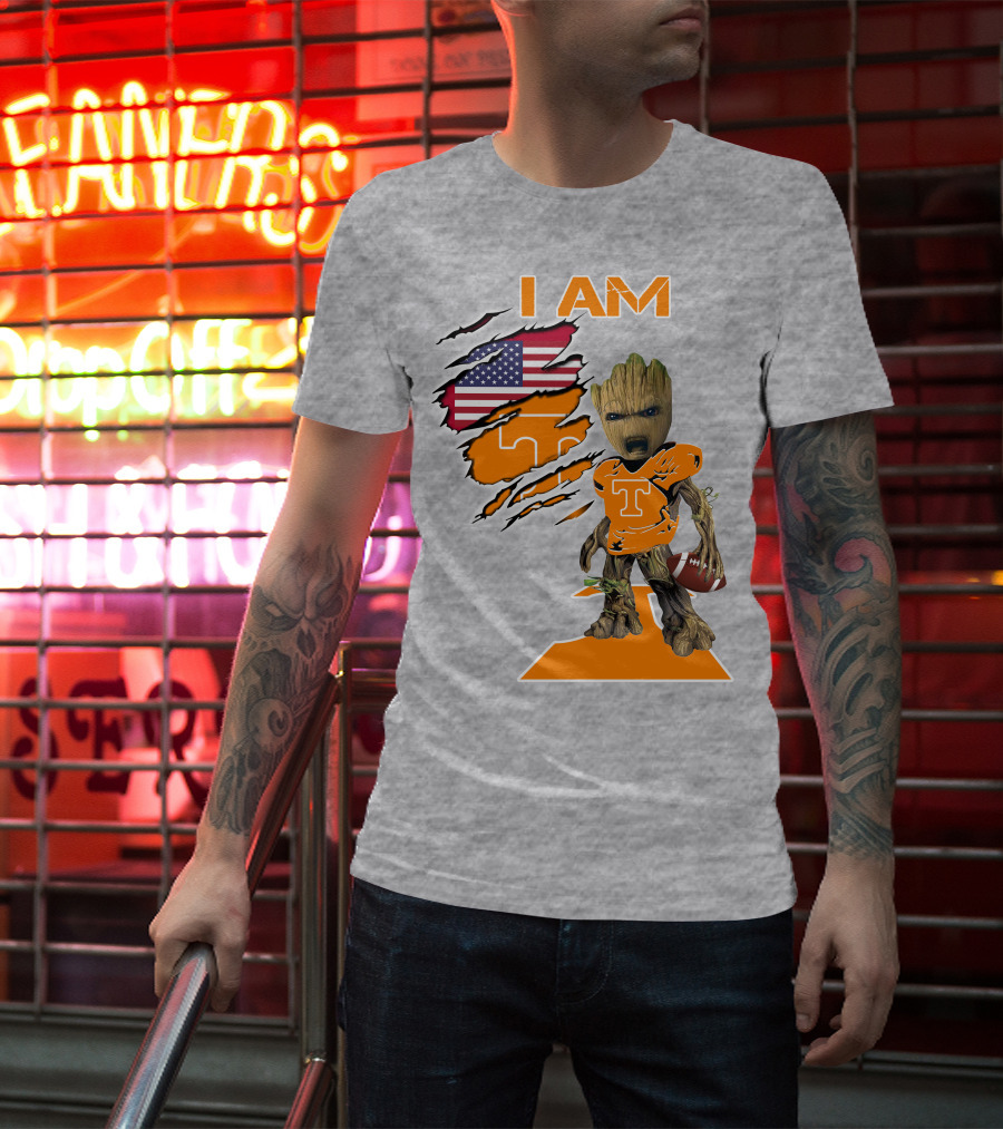 I AM Tennessee Baby Groot Football American Flag T-Shirt