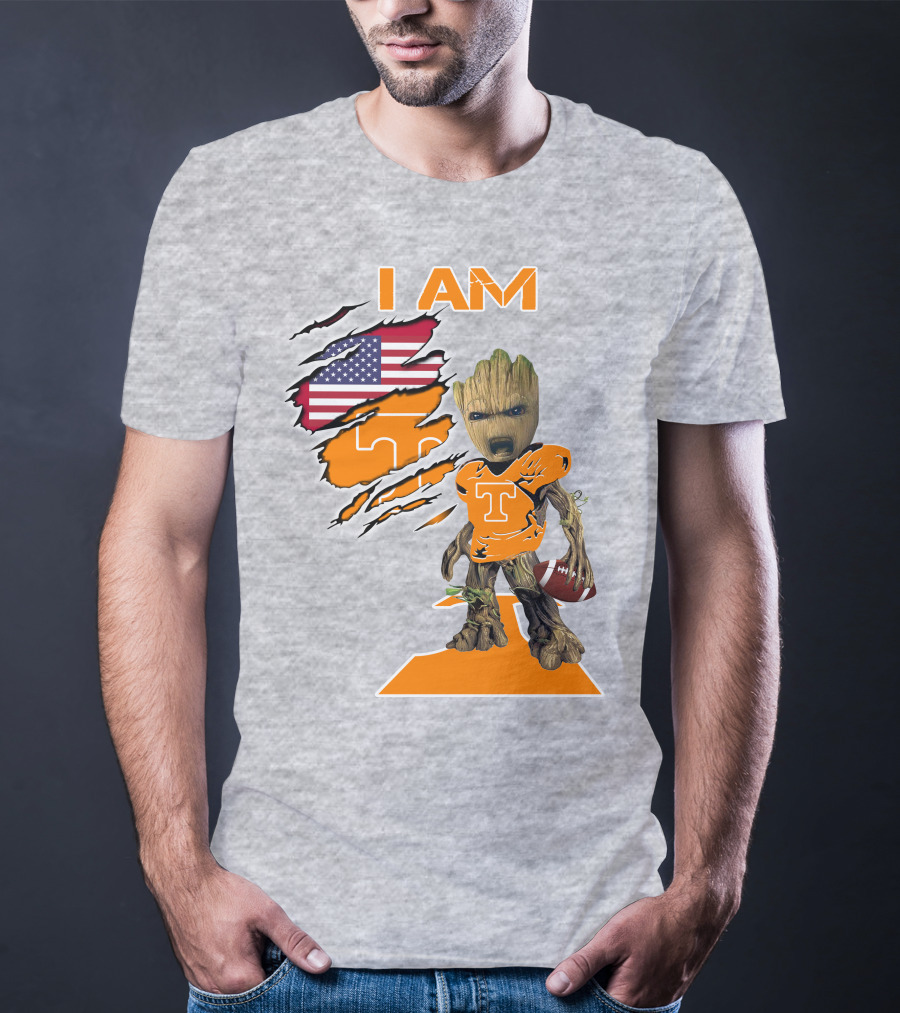 I AM Tennessee Baby Groot Football American Flag T-Shirt