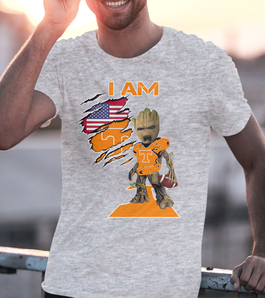 I AM Tennessee Baby Groot Football American Flag T-Shirt