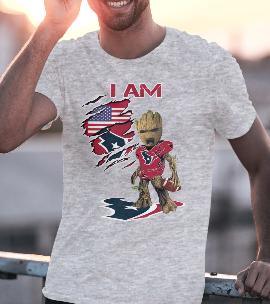 I Am Texans Baby Groot Football Usa Flag T-Shirt