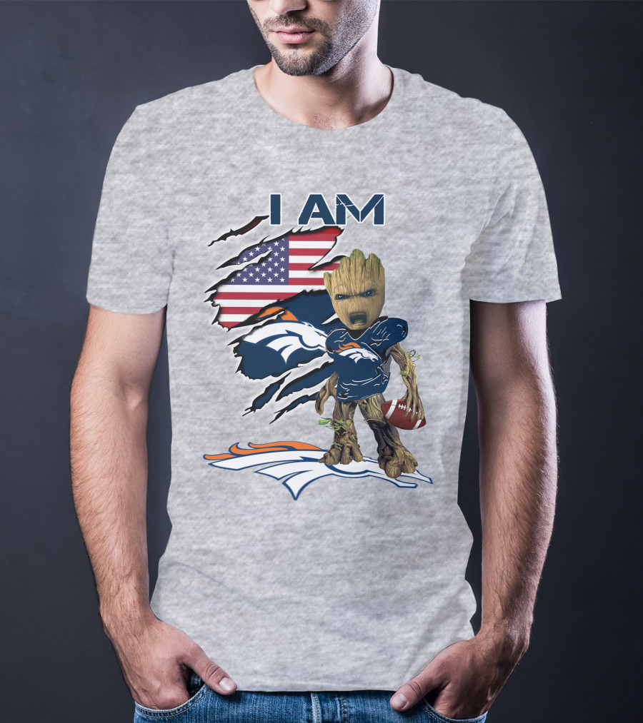 I Am Broncos Baby Groot American Flag Football T-Shirt