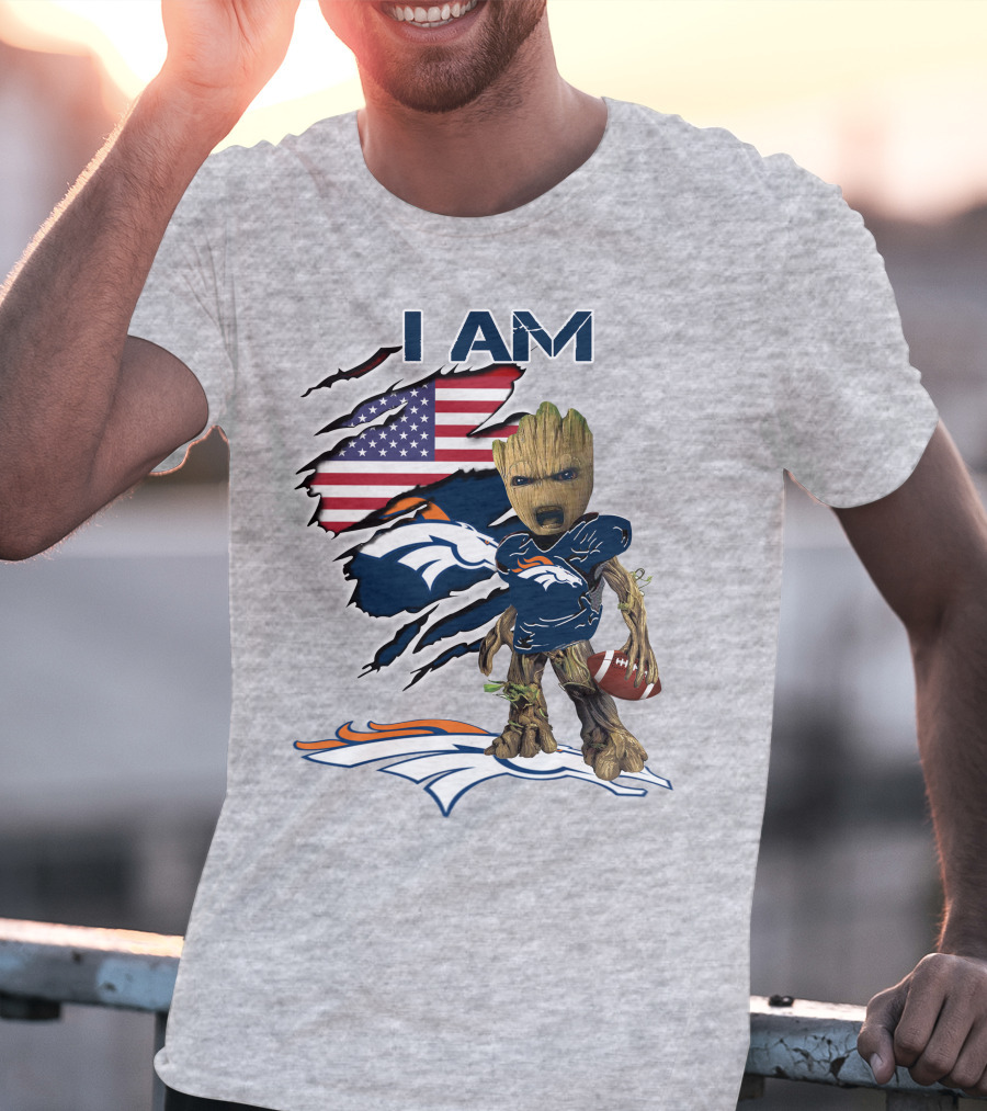 I Am Broncos Baby Groot American Flag Football T-Shirt
