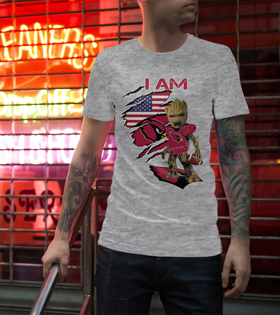 I Am Cardinals Baby Groot American Flag Football T-Shirt