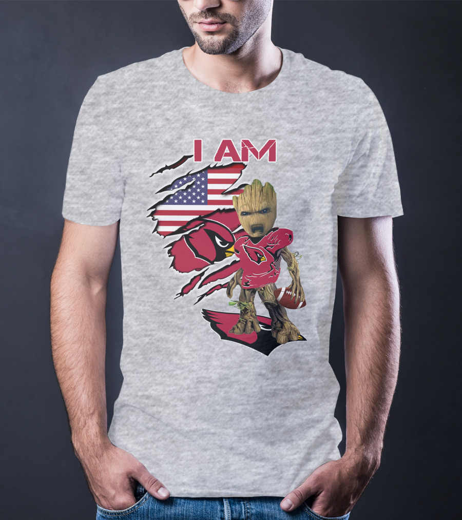 I Am Cardinals Baby Groot American Flag Football T-Shirt