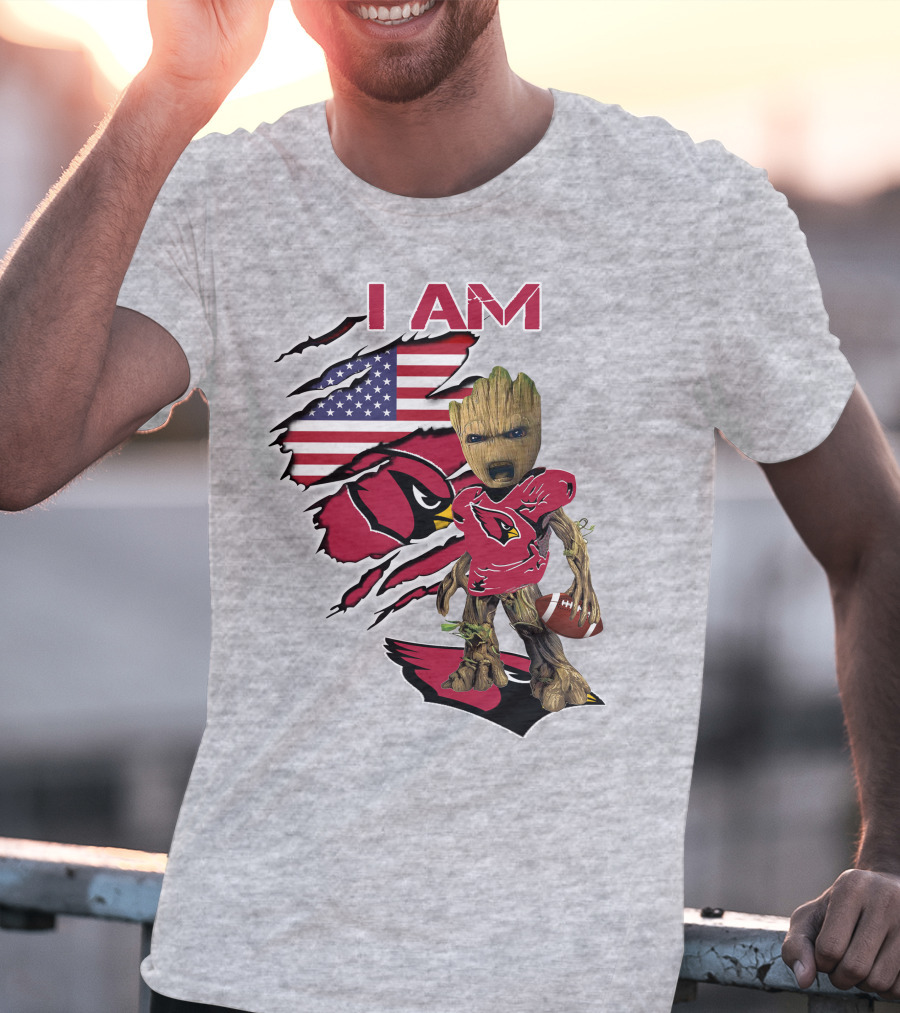 I Am Cardinals Baby Groot American Flag Football T-Shirt